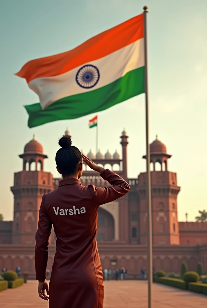 In front of the Red Fort, a large Indian flag is prominently displayed. A Woman is standing and saluting towards the flag, wearing a jacket with the name 'Varsha' written on it. Nearby, the words 'Happy Independence Day' are clearly visible, creating a patriotic and powerful 3D scene