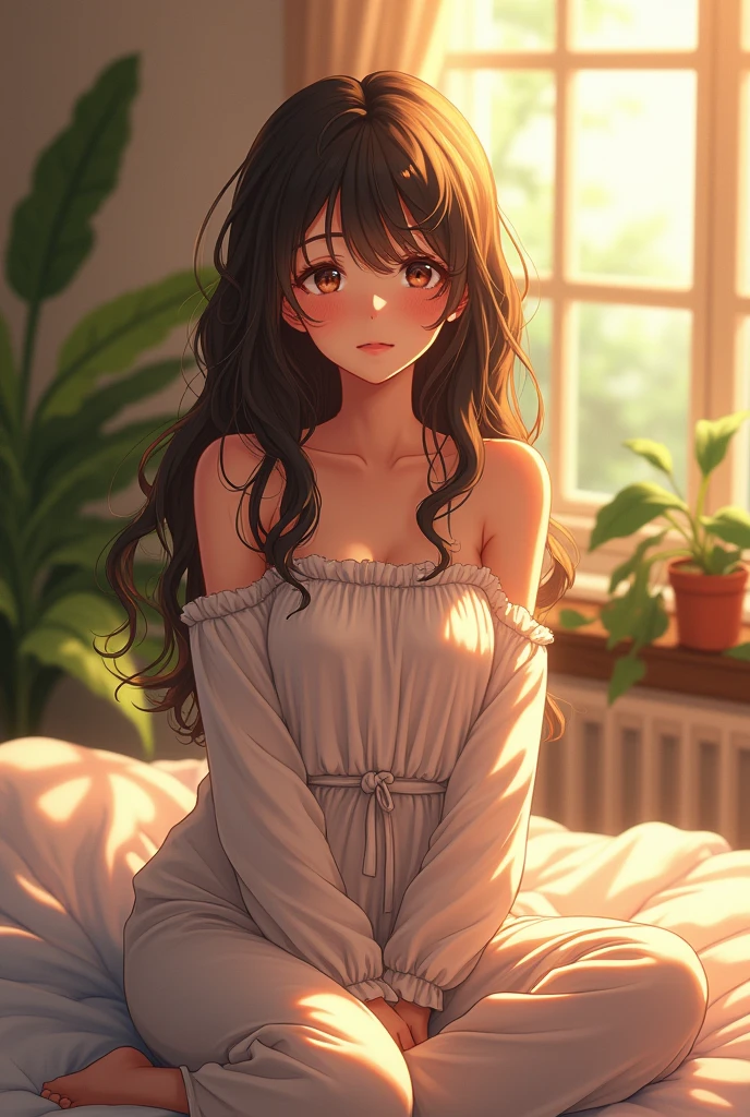(photorealism:1.2), beautiful anime girl, sitting on bed, wearing loose off-shoulder top, pajama pants, long curly hair, indoors, soft lighting, plants in background, window with sunlight, cozy room, relaxed pose, realistic, intricate details, warm colors, by Greg Rutkowski, by Alphonse Mucha
