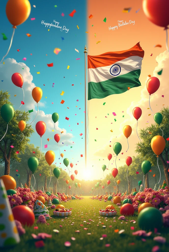 Send me a photo where in rectangle size diagonally one side print happy independence day and on other side print happy birthday with related colors and on independence side add Indian flag and on happy birthday side add birthday related decoration or color nicely and on happy independence side write happy independence day to all and on left birthday side write happy birthday
And image should be landscape and partition the birthday and independence diagonally
Add both happy birthday one side and happy independence day on other side