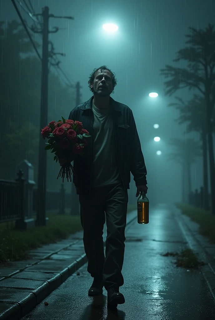 (masterpiece: 1.5) (photorealistic: 1.1) (8k) (HdR) (cinematic lighting), cinematic light, ray tracing, ultra high resolution, UHD, (photorealistic: 1.4), intricate details, detailed texture, finely detailed, high quality shade, A man walks in the night, There is fog due to the (heavy rain), His face and clothes completely soaked by the (heavy rain), (trumpet), Down a street, some very faint moonbeams fall illuminating his face, showing sadness, pain, sobs, His walk is sad and slow. , In one hand she carries a bouquet of roses wilted by the rain.. in the other side, a half empty bottle of alcohol, walks slowly, In the distance you can see a cemetery