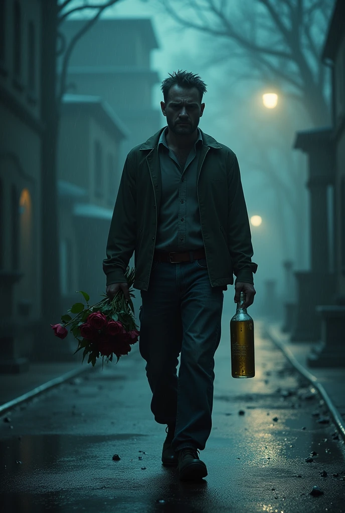 (masterpiece: 1.5) (photorealistic: 1.1) (8k) (HdR) (cinematic lighting), cinematic light, ray tracing, ultra high resolution, UHD, (photorealistic: 1.4), intricate details, detailed texture, finely detailed, high quality shade, A man walks in the night, There is fog due to the (heavy rain), His face and clothes completely soaked by the (heavy rain), (trumpet), Down a street, some very faint moonbeams fall illuminating his face, showing sadness, pain, sobs, His walk is sad and slow. , In one hand she carries a bouquet of roses wilted by the rain.. in the other side, a half empty bottle of alcohol, walks slowly, In the distance you can see a cemetery