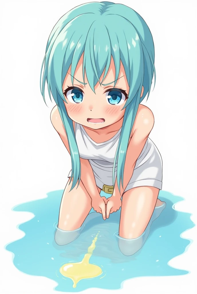 Peeing self, Have to pee, Anime, looking at camera, embarrassed, blush, peeing, yellow pee, tears, crying, out of breath, sweating, blue eyes, cyan hair, one girl, Eirika fe, white skirt, a spot of yellow urine in the pool, а spot of yellow urine in the pool water, yellow urine flows from the perineum