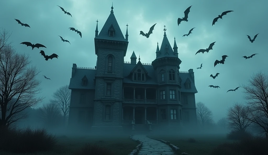The haunted mansion as seen at dusk, with bats flying around its towers.