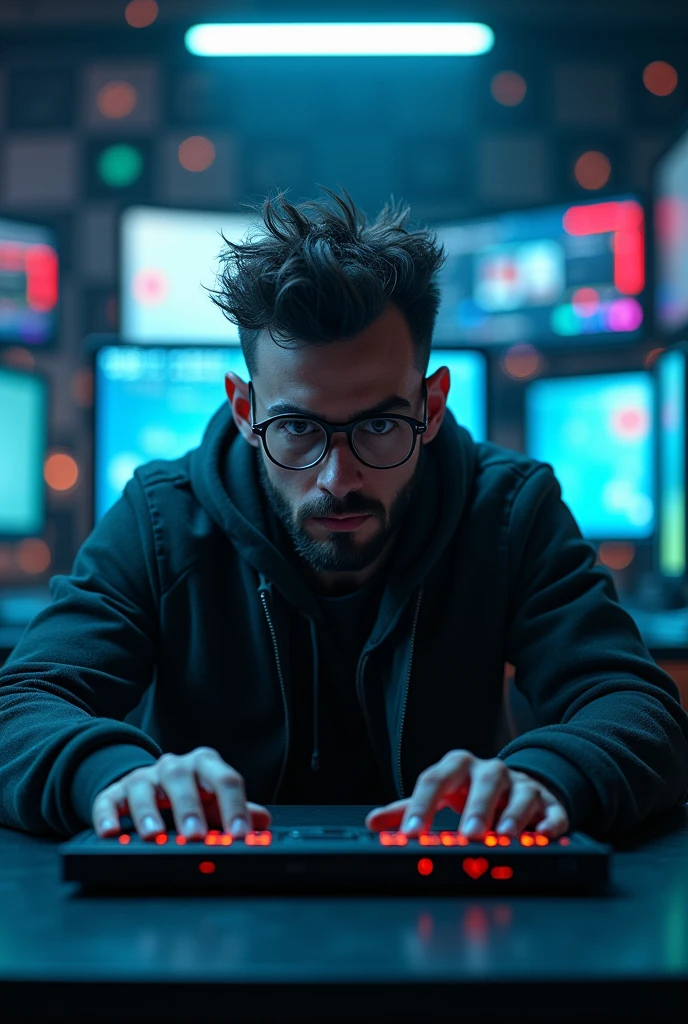 a nerdy man, hacker, spike hair, round glasses, tough look, working on a desk, looking at the monitor, front perspective, background has a bokeh effect of number of screens, neon lights and ambient lights, dark room workstation., Futurism, Conceptual art, high detail, cinematic lighting, depth of field, glowing light, UHD, retina, masterpiece, accurate, anatomically correct, textured skin, super detail, high details, award winning, best quality, highres
