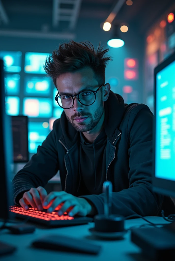 a nerdy man, hacker, spike hair, round glasses, tough look, working on a desk, looking at the monitor, front perspective, background has a bokeh effect of number of screens, neon lights and ambient lights, dark room workstation., Futurism, Conceptual art, high detail, cinematic lighting, depth of field, glowing light, UHD, retina, masterpiece, accurate, anatomically correct, textured skin, super detail, high details, award winning, best quality, highres