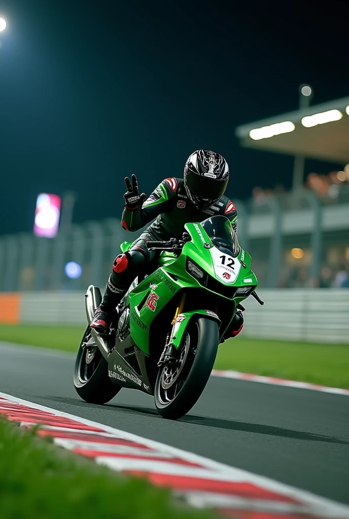 ((best quality)), ((masterpiece)), (detailed), 1man, superbikes rider on cornering pose, one hand peace pose to the camerawearing racer wearpack, ninja motorcycle type 150R 2strokes(green metalic)with sponsors stickers, low angle camera, at nights, race helmet motif, red white corner line, green grass, lightings, podium and billboard, realistics and detailed vision.