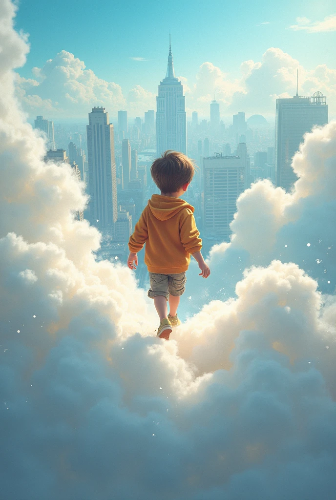 Create an that a boy is walking on cloud Where there is a city is placed