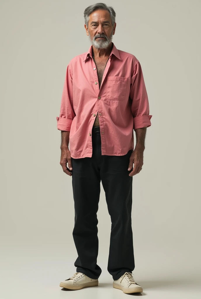 Create a man wearing an old pink shirt with black pants and white shoes
