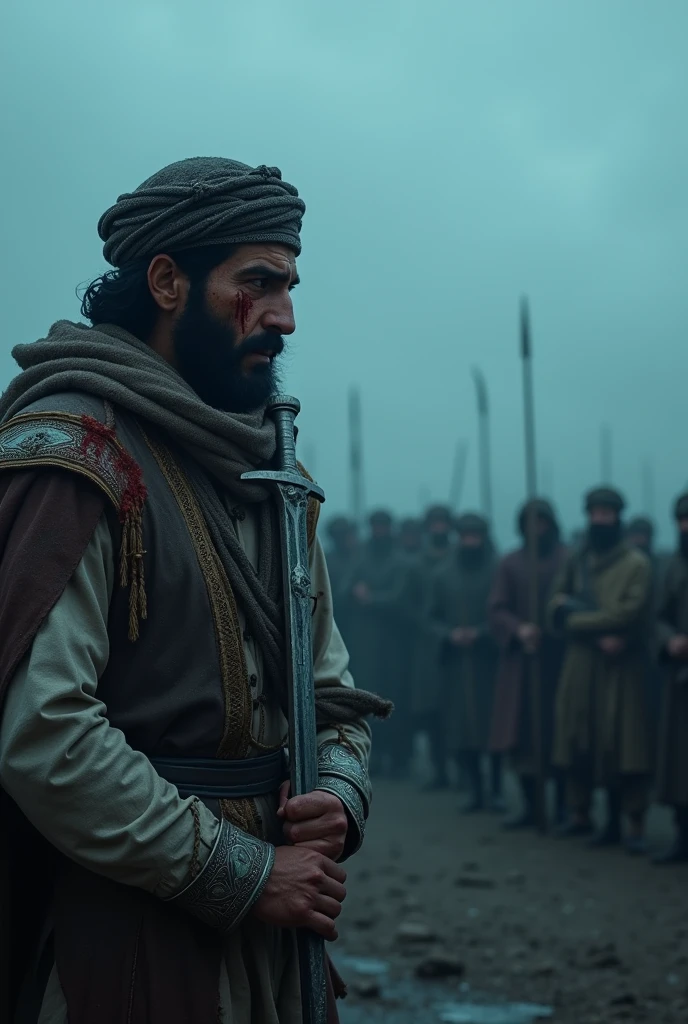 4k, medieval period, bluish dark fantasy, arab sultan named ALF standing on a battle field leaning on his sword looking at his army, tense scene, close up side back view from bottom up near face,looks angry and wounded, bluish colour environment, wearing poor dirty turban and face is wounded and bloody, whole arab army in background