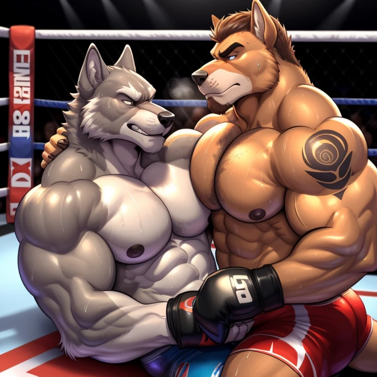 Duo male(Brown Wolf vs Gray Wolf), handsomes(handsome hairstyle, Thick eyebrows, detailed face), gay(Lying down, cuddling holding, against the ropes, body with body, wrestling at each other, face to face, on a UFC match), hot(Shirtless), handsomes(They are handsomes, correct anatomy), musculosos(Big muscle bodies, Six packs, muscle abs, big pecs), sweaty(very sweaty wet bodies, shiny sweat), tatuajes(they have tattoos), grumpy(Both have an grumpy expression, grumpy teeths, steaming breath), UFC gloves(They both are wearing UFC gloves), Hight resolution, by(Zourik:1.1)