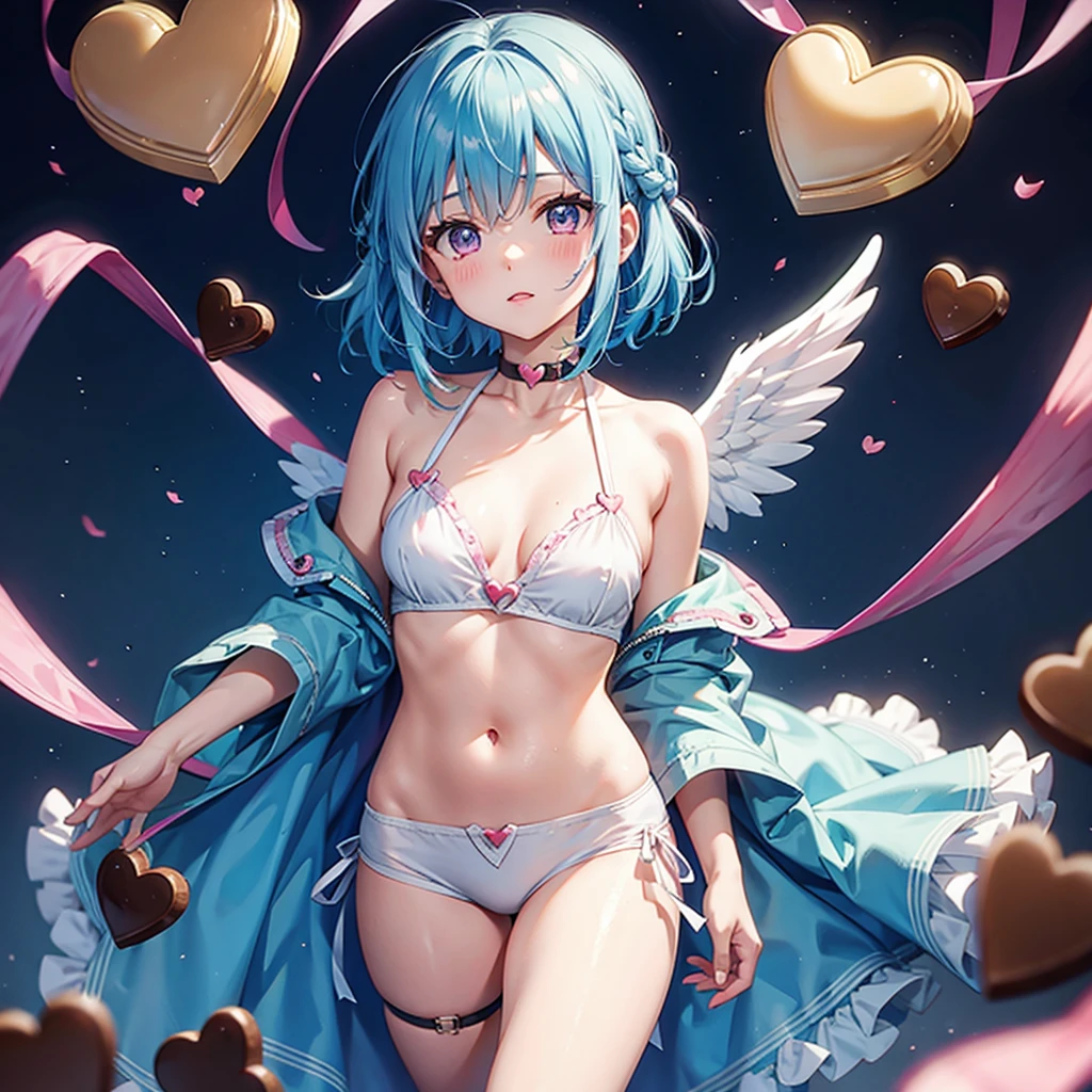 Sky blue hair、Braided Short Hair、Pink Eyes、Fair skin、whole body、One person、shy、Lots of hearts in the background、(Heart-shaped chocolate)、(Chocolate Angel)、Valentine's Day、masterpiece、Highest quality、Very detailed、Best Shadow、Detailed Background、Beautifully detailed face、High Contrast、Best lighting、Very delicate and beautiful、Cinematic Light、Hyper Detail、8k、Dramatic Light、Exquisite detail、