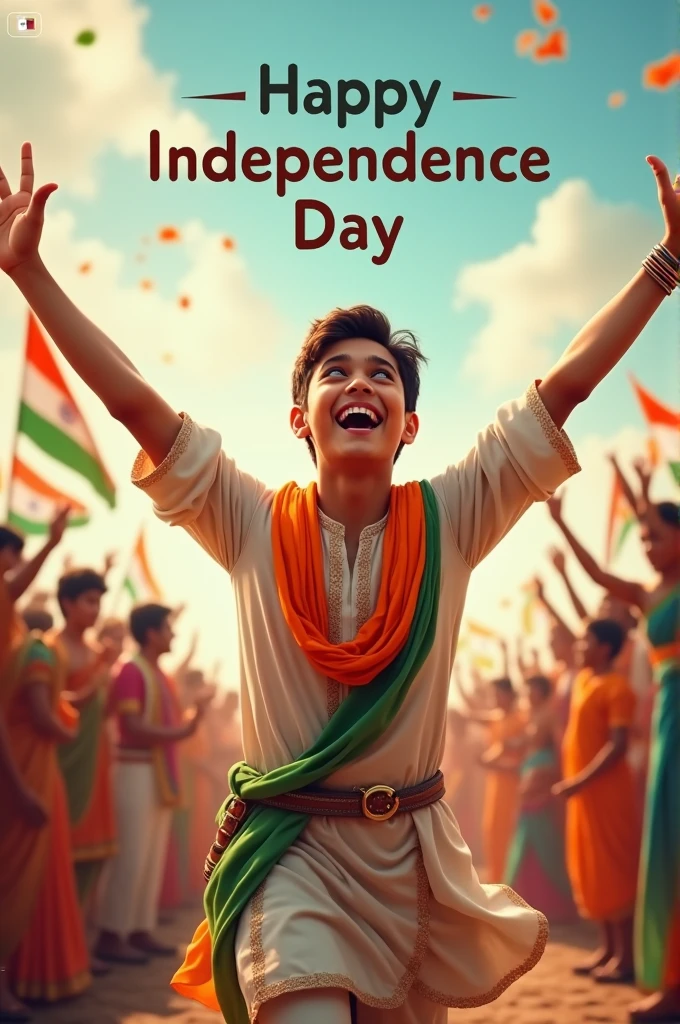 Generate a real-life image of a 19-year-old (boy) joyfully celebrating Indian Independence Day. The individual is dressed in traditional Indian attire with the name 'B.Sai' prominently displayed on their clothing. The sky above them features the words 'Happy Independence Day' in a bold font. The background is alive with a crowd of people celebrating, creating a vibrant and patriotic atmosphere." 