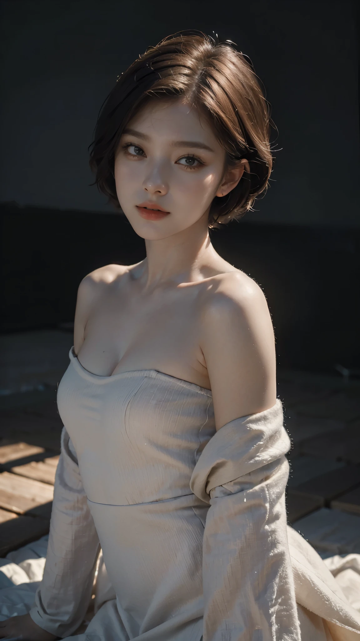 Best quality, masterpiece, ultra high res, (photorealistic:1.5), raw photo, 1girl, offshoulder, in the dark, deep shadow, low key, cold light, sexy look, short hair