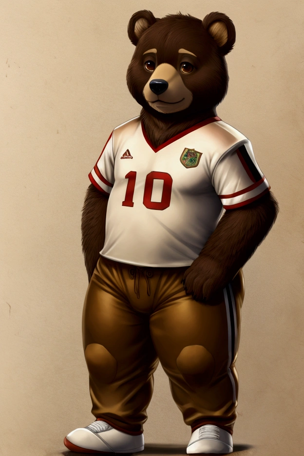 Small thin male bear with nice big thighs and brown fur with cream and brown eyes and is wearing a football shirt and full body pants and is 8 .