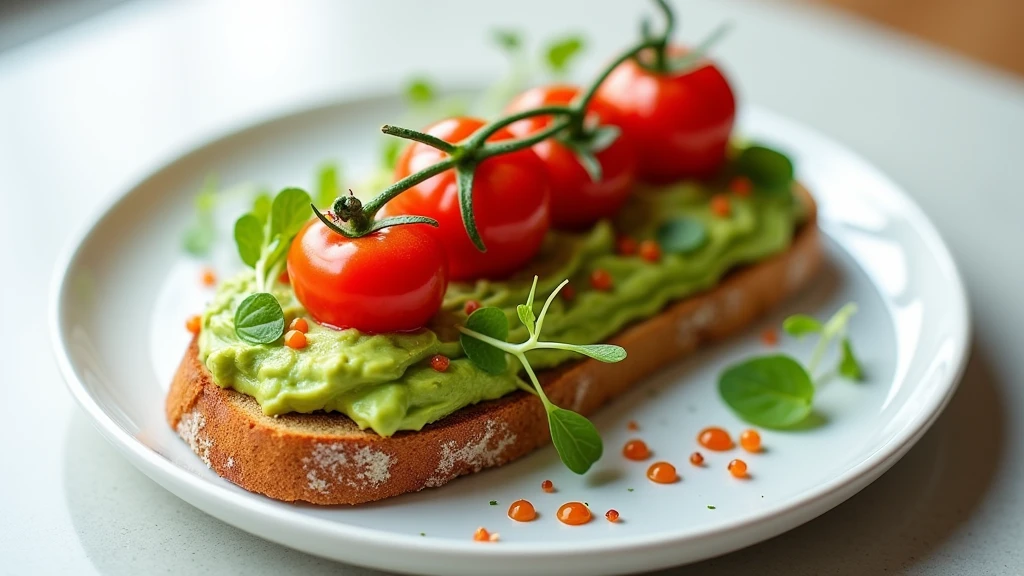 : A perfectly arranged avocado toast topped with cherry tomatoes and microgreens on a white plate. 8k