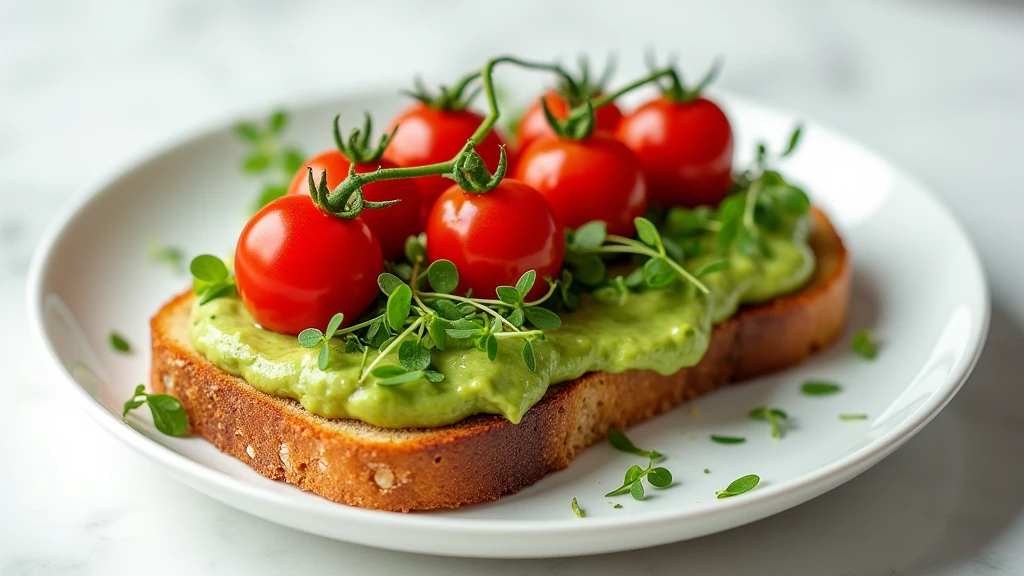 : A perfectly arranged avocado toast topped with cherry tomatoes and microgreens on a white plate. 8k