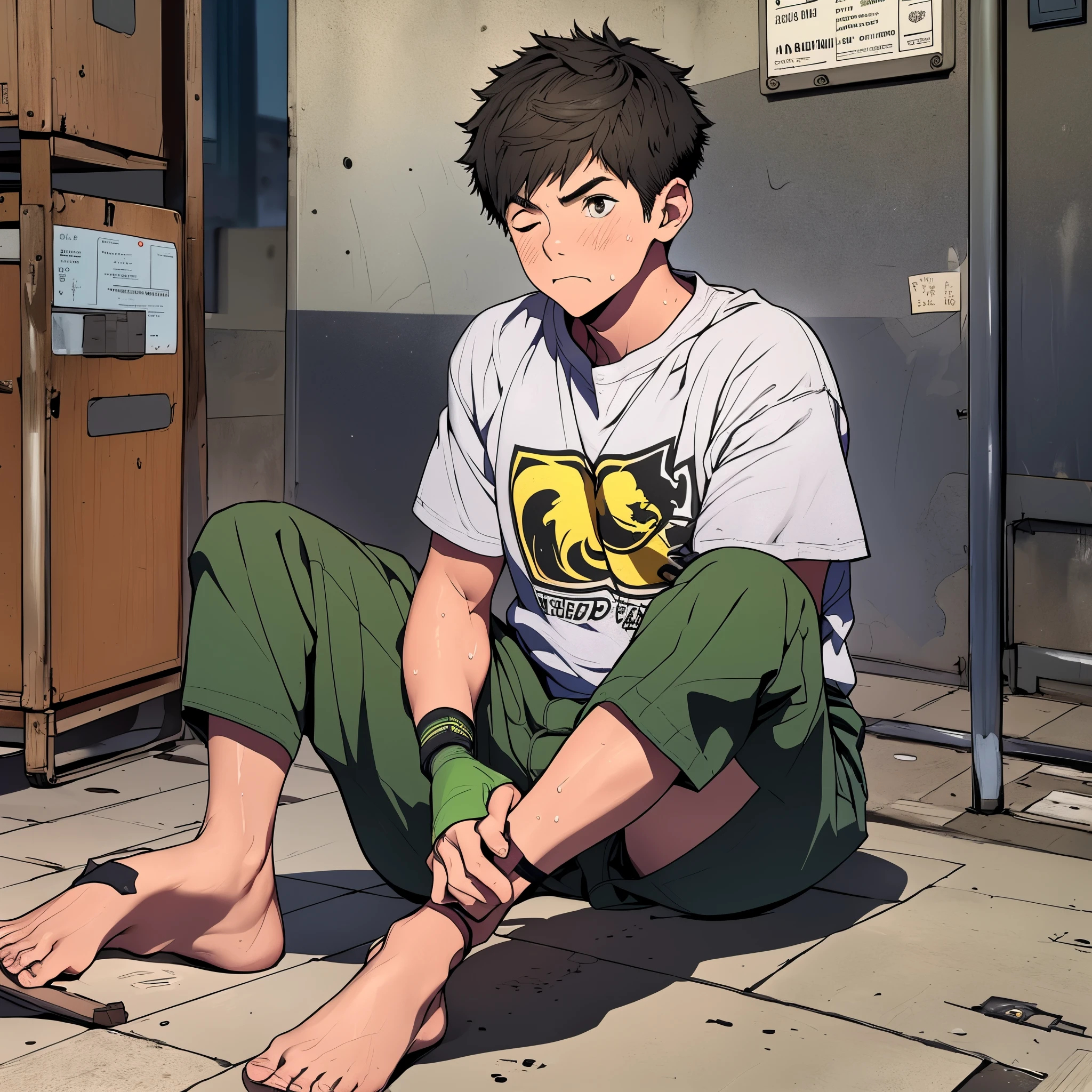 Boy sitting on a pedestal,Two agers、 High school students, embarrassed from,invigorating,Shocked,panicking,worry、 tusk, heat, Shut up, , Erect , full of sweat,Facing this way, squinting、Very short hair、bare-legged、The soles of the feet are visible、