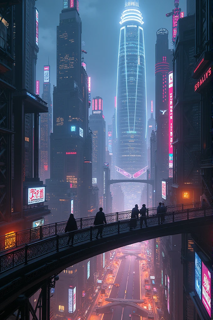 Design a city as cyberpunk. View from a pedestrian bridge connected between buildings
Let Neon stand out in the image. Being night 