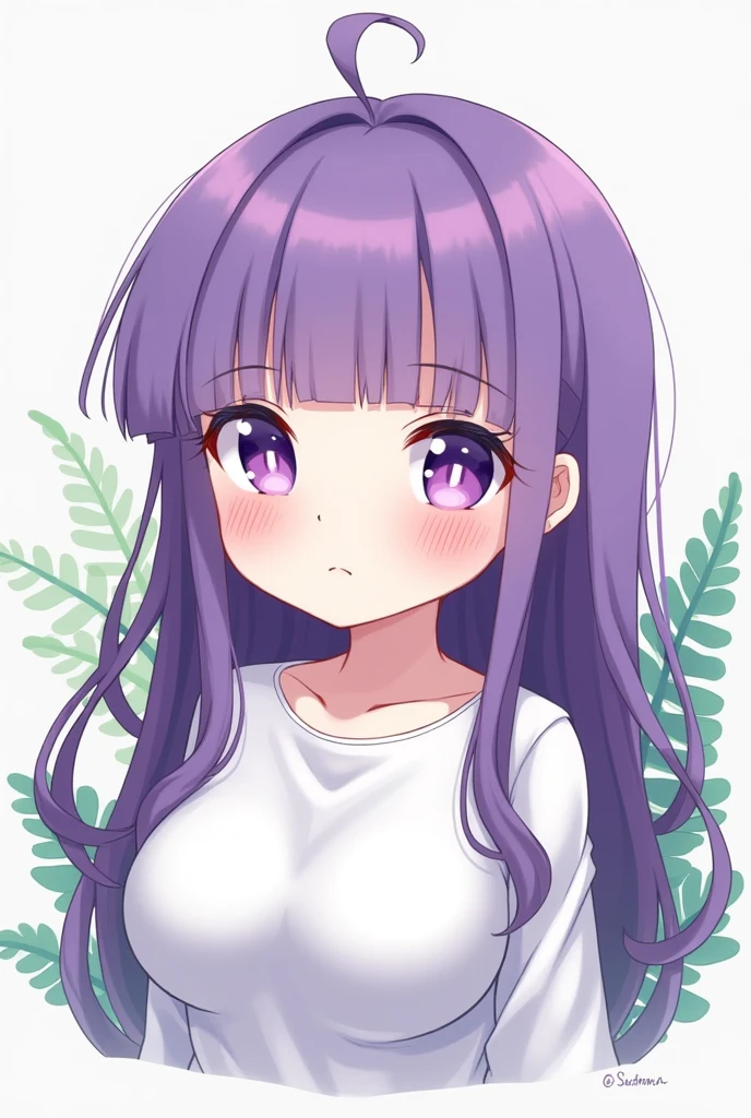 nozochibi, 1girl, solo, blush stickers, (chibi:1.4), simple background, upper body, fern, purple hair, bangs, purple eyes, blunt bangs, closed mouth, long sleeves, shirt, breasts, dress, white shirt, bright pupils, white pupils, expressionless, large breasts, blush, sidelocks, sex and the boy