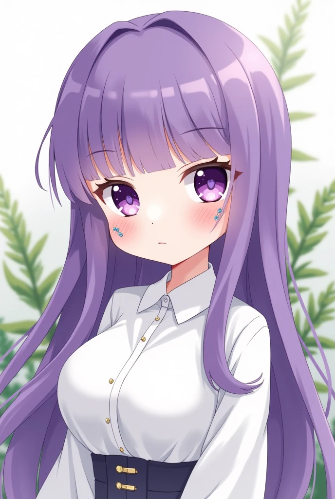 nozochibi, 1girl, solo, blush stickers, (chibi:1.4), simple background, upper body, fern, purple hair, bangs, purple eyes, blunt bangs, closed mouth, long sleeves, shirt, breasts, dress, white shirt, bright pupils, white pupils, expressionless, large breasts, blush, sidelocks, sex and the boy