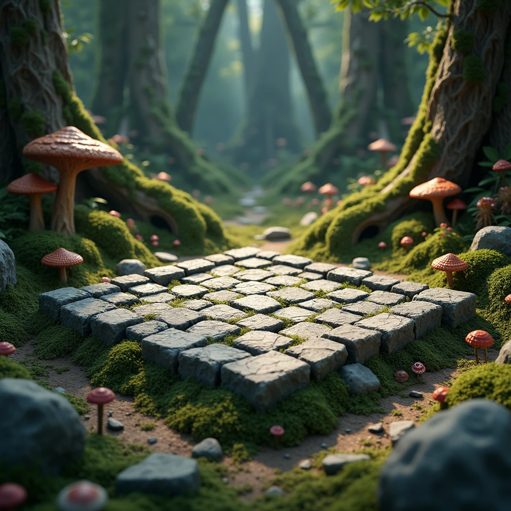3D Model Games, Tribal style, Square land model of rocks, Ancient forest with rocks, There is a Go board made of rocks in the middle.，Trees and mossy decaying wood, mushroom, Flower and grass growth

