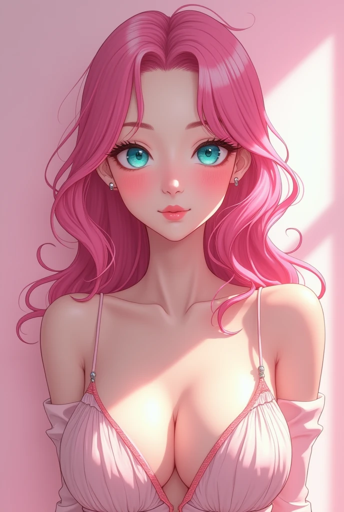 detailed aqua eyes, pink hair, (aqua eyes), Official art, Unity 8k Wallpaper, Ultra-detail, Beautiful and aesthetic, masterpiece, Best Quality, 1girl, big tits, Extremely detailed, elegant, vivd color, romanticism, arms behind back, street fashion, shiny skin, sexy pose, ((pink background)), heavy blushing, upper body, straight on, (cleavage), funky graphic design, (((anime style))), portrait,