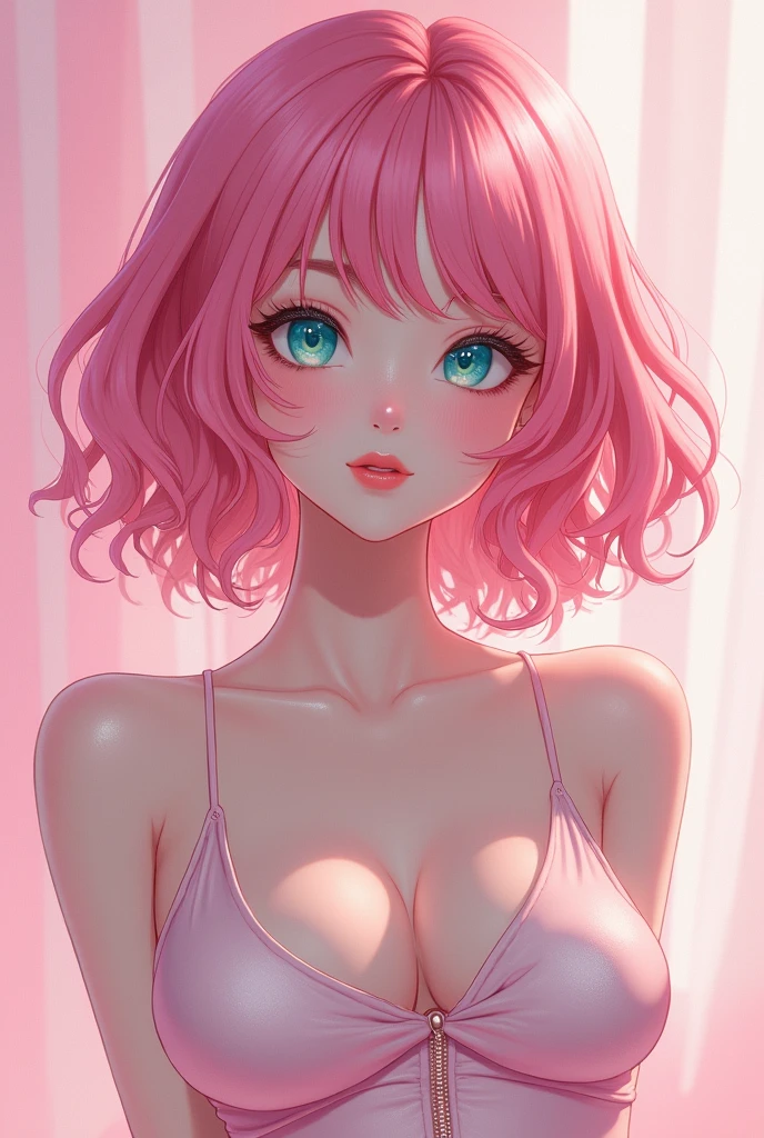 detailed aqua eyes, pink hair, (aqua eyes), Official art, Unity 8k Wallpaper, Ultra-detail, Beautiful and aesthetic, masterpiece, Best Quality, 1girl, big tits, Extremely detailed, elegant, vivd color, romanticism, arms behind back, street fashion, shiny skin, sexy pose, ((pink background)), heavy blushing, upper body, straight on, (cleavage), funky graphic design, (((anime style))), portrait, 