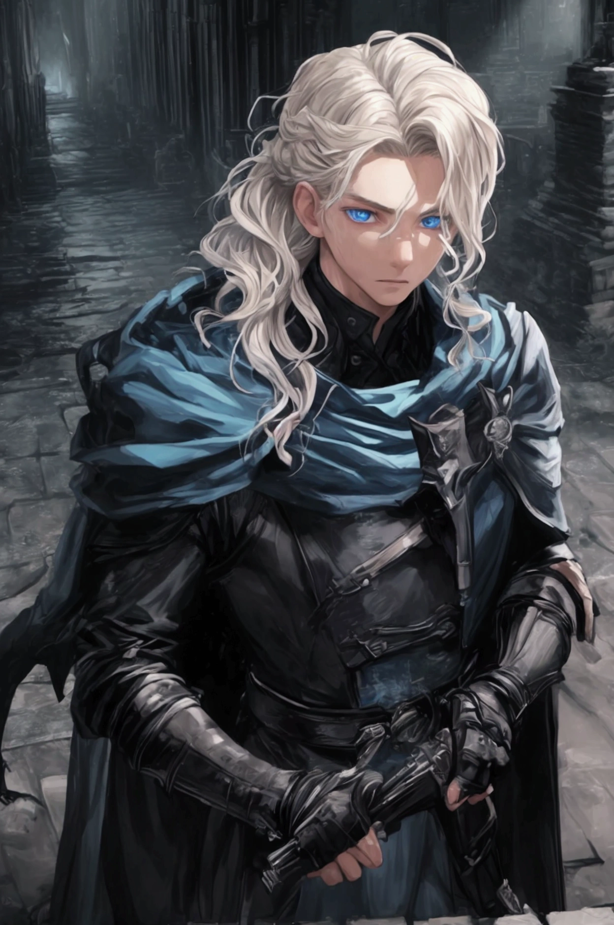 masterpiece, expressive eyes, perfect face, best quality, 1boy, male focus, solo focus, Adult, Fighter, Echo Knight, light blue eyes, tanned skin, cropped hair, clean hair, wavy hair, ash blonde hair, Hunter, Celestial, Church belfry, fingerless gloves, bloodborne, glowing blue eyes