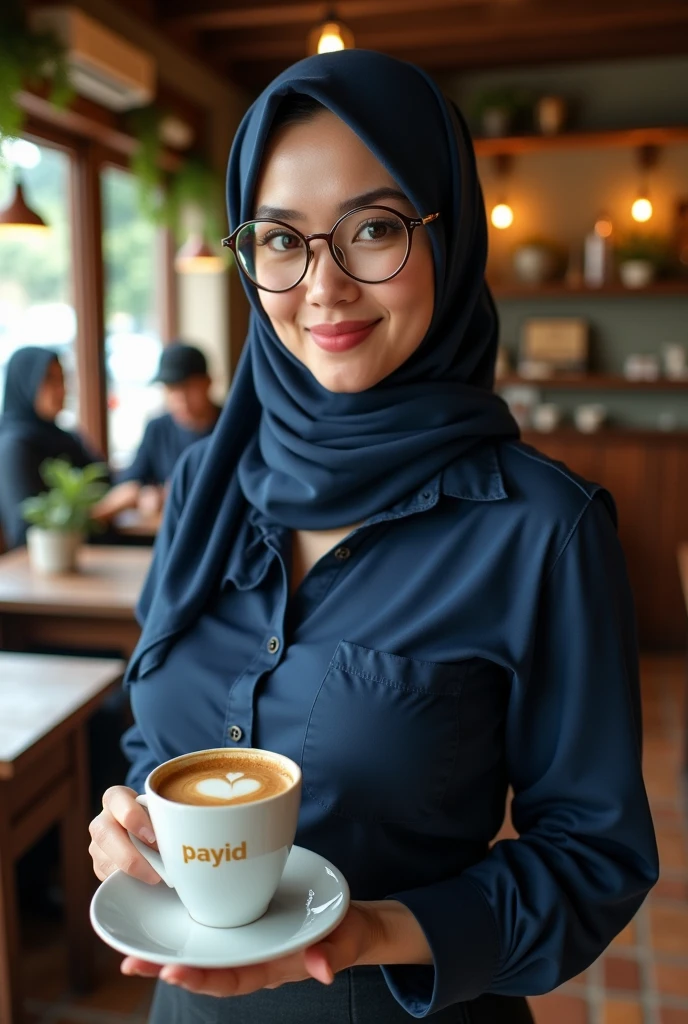 created a beautiful woman hijab ((headscarf behind neck)) with a fat body, glasses,medium breasts, Malay face. Narista shirt, her was a restaurant waiter who delivered a cup of warm coffee, The cup making word Gold inscription "payid", the background is village cafe. the image is very detailed, super HD