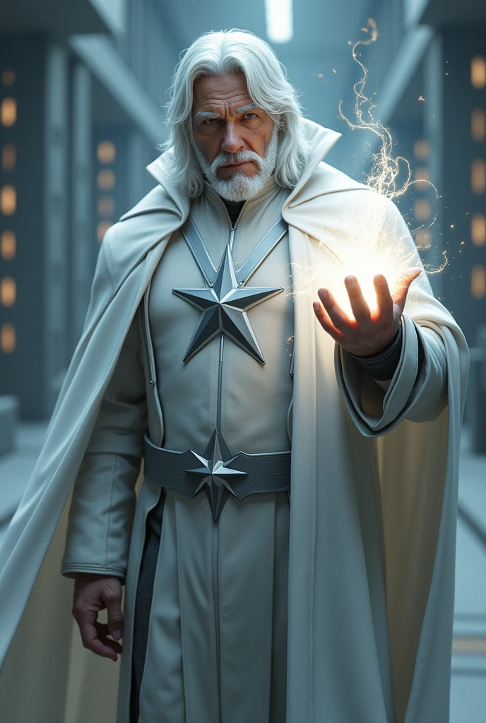 He has white hair, gray eyes, a beautiful face, slightly long hair, a white cloak, wearing a white modern futuristic suit, smiling slightly. Let him be the guy whose hand radiates light. Have a 6-pointed gray star in the middle of the suit.Let it be a bit stocky