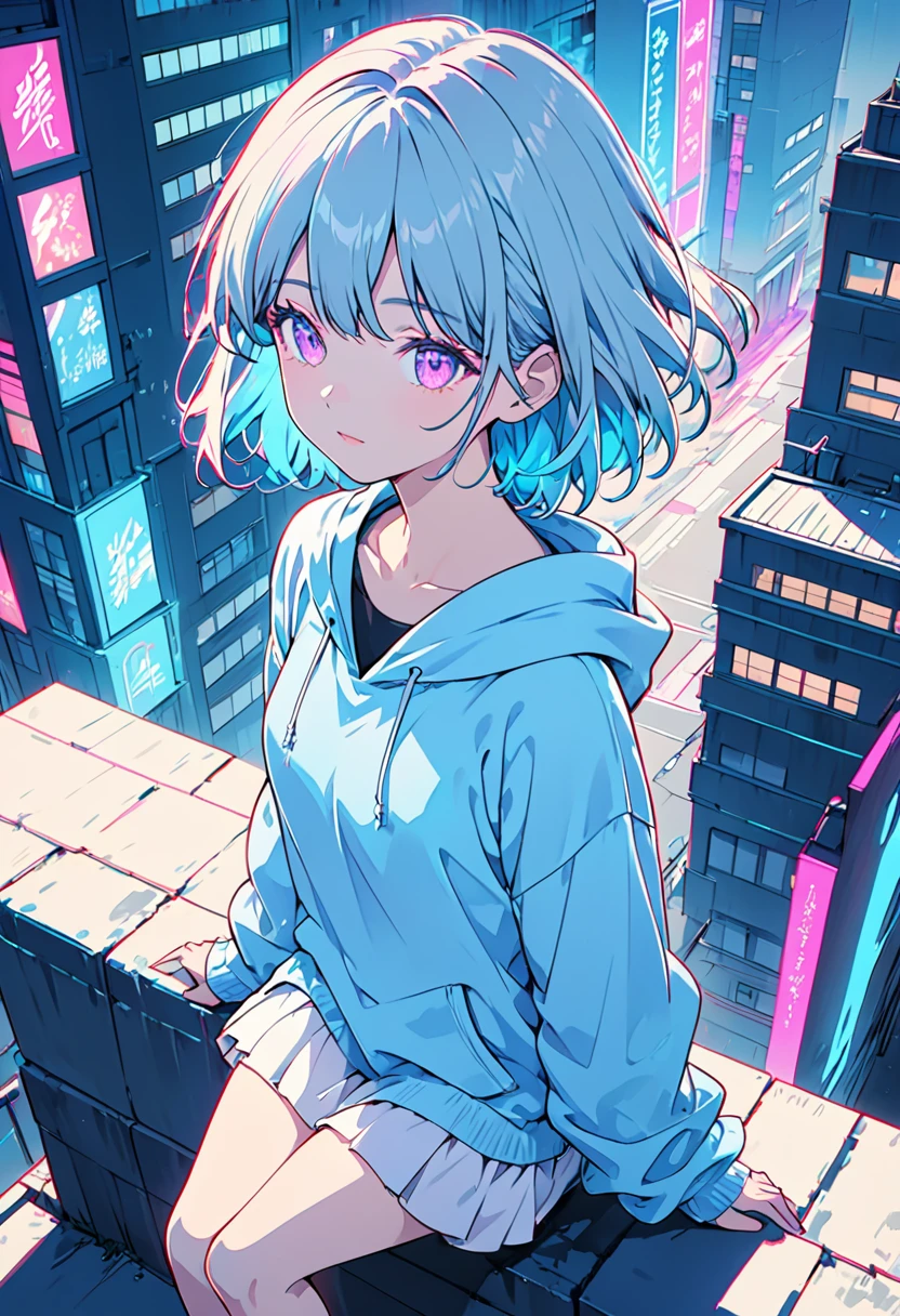 masterpiece,Highest quality,1 Synthwave style girl,Blue outline,Neon lit street,Blue fluorescent paint,alone,From above,Cowboy Shot,Sitting on the roof of a building,Highly detailed CG,Flat Color,Limited edition palette,No Line Art,silhouette,Partially colored,Alternative color,Dynamic Angle,Blue long top champagne,Purple Shadow,Synthwave,chromatic aberration,(alone focus),Perfect Shadow,Wearing a light blue hoodie,Delicate face,,Beautiful and delicate eyes,Light blue hair,Short Bob Hair,Delicate background,Blue Neon Light,About