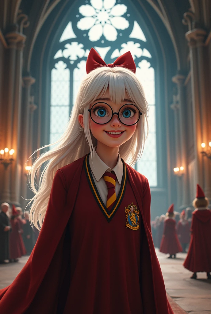A girl, she has white hair, tied up long, Red bow at the , blue eyes, black-rimmed glasses, wearing the Gryffindor uniform, standing in the Great Hall of Hogwarts, the sky looks old, white light shines in, the girl's face is smiling broadly