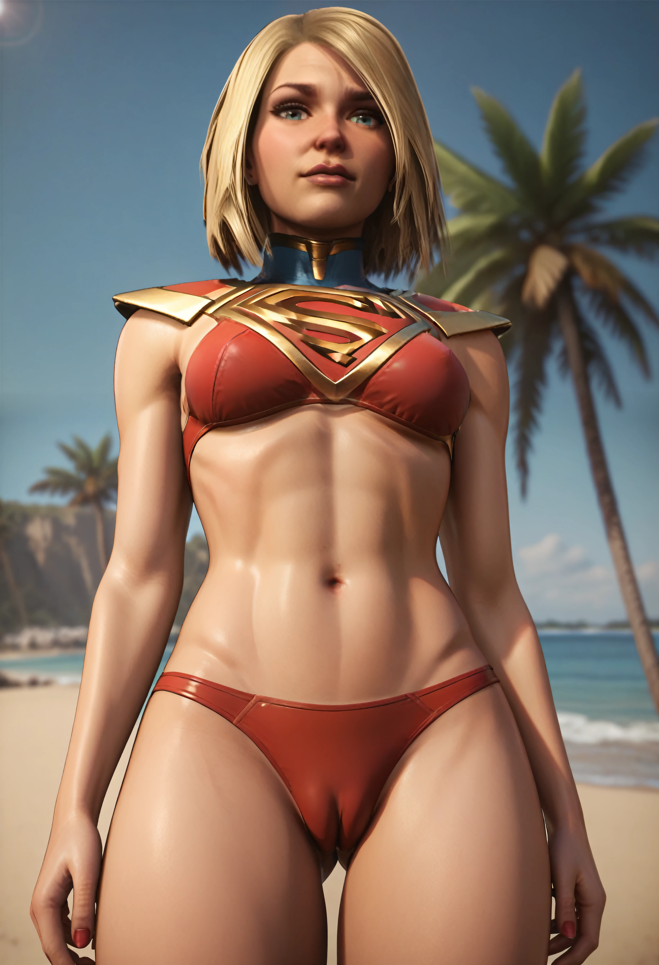 NSFW (red bikini) (Supergirl ((human)) medium breasts, cameltoe) fully body, on a deserted beach