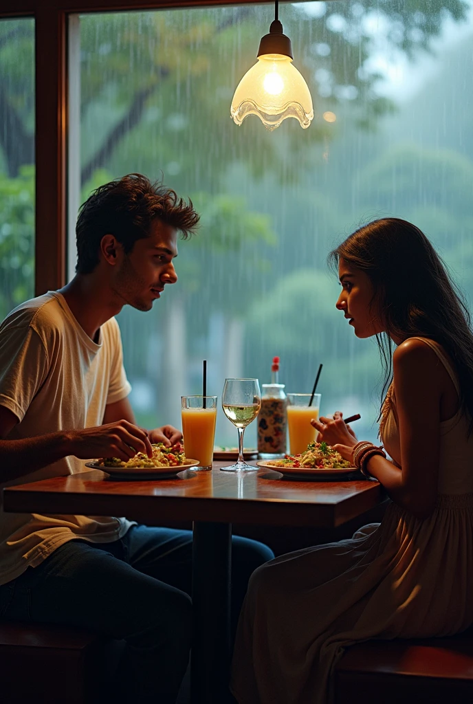 A boy age 27 south India from andhrapradesh wear jeans and t-shirt dusky skin and there was a girl age 25 north India from mumbai looks very modern she wears western dress looks very beautiful and active. Both are went restaurant. They sat opposite. Having lunch.Cloudy skies and full raining.