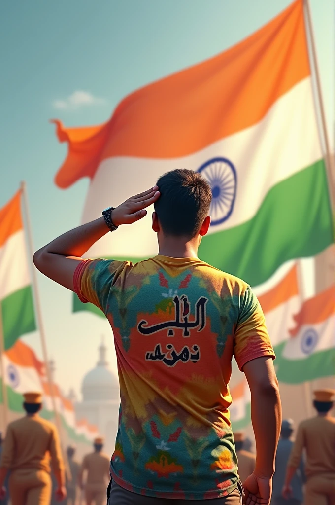 A muslim person salutes the Indian flag with his right hand on 15th August and 'injeer' is written on his colourful T-shirt