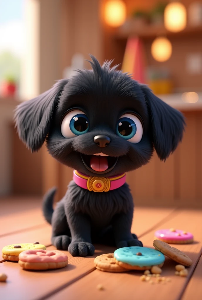 Create a 2d animated black Shih Tzu puppy with big blue eyes wearing a colorful collar eating cookies that is colorful to promote a cookie business 3D Pixar style