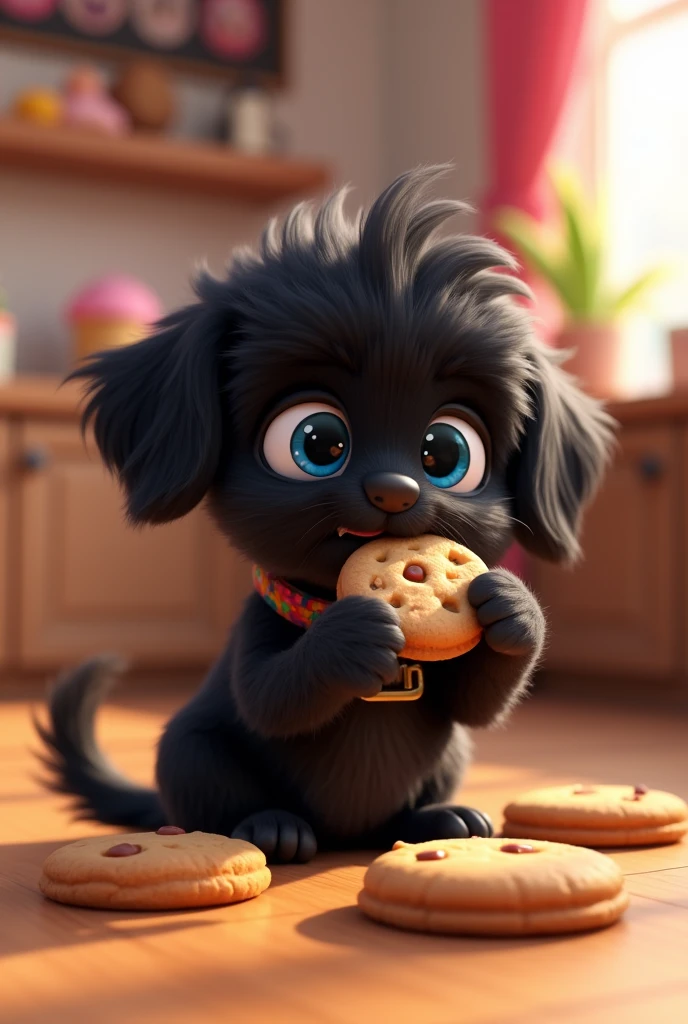Create a 2d animated black Shih Tzu puppy with big blue eyes wearing a colorful collar eating cookies that is colorful to promote a cookie business 3D Pixar style