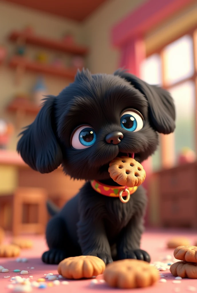 Create a 2d animated black Shih Tzu puppy with big blue eyes wearing a colorful collar eating cookies that is colorful to promote a cookie business 3D Pixar style