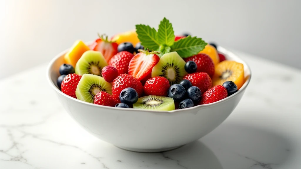 : A bowl of fresh fruit salad with vibrant strawberries, blueberries, and kiwi on a clean white surface. 8k  