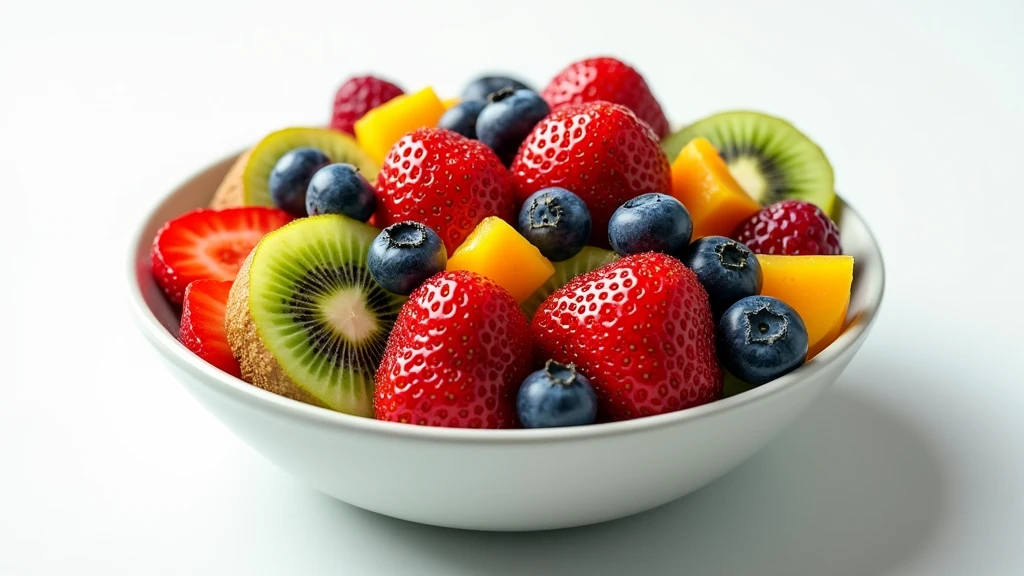 : A bowl of fresh fruit salad with vibrant strawberries, blueberries, and kiwi on a clean white surface. 8k