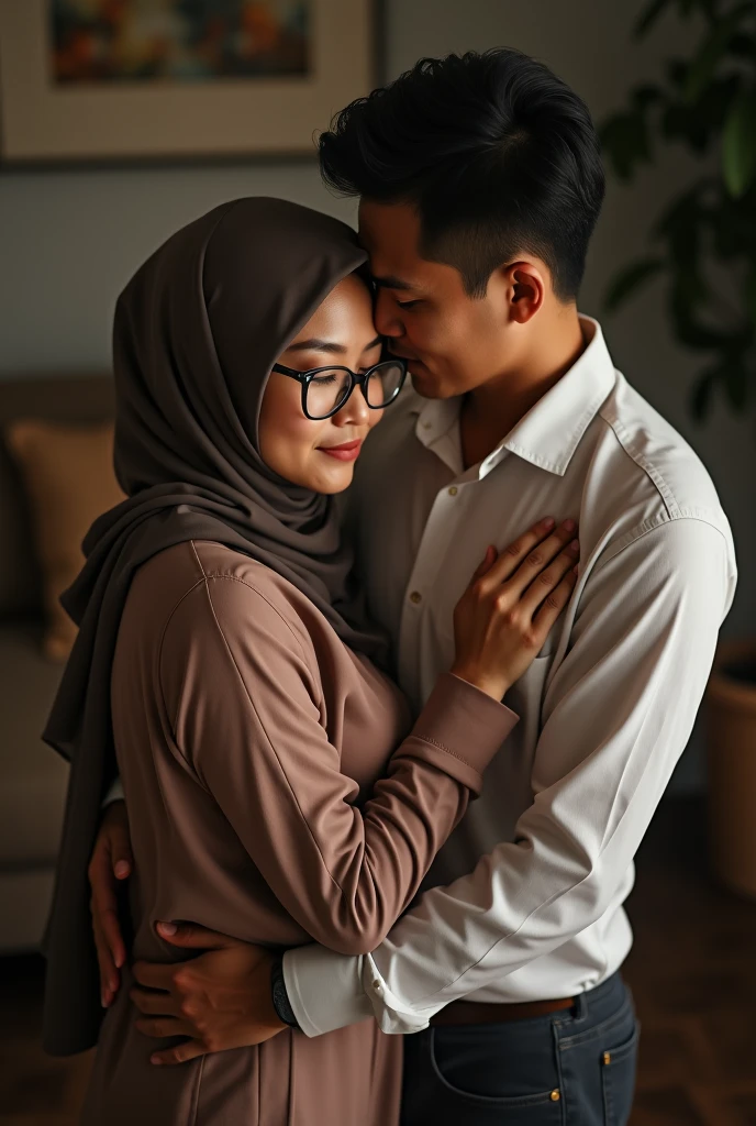 Wide top view,((best quality)), ((masterpiece)), (detailed), perfect face, malay woman wearing hijab, glasses,45 years, a Man 35 year, women naked,(toplezs, nude), (Droopiest big Breast)), (realistic skin texture), POV shot, anatomical correction, realistic titjob positioning,((Realistic Ultra vagina)), anatomical correction, Capture the essence of romance and nostalgia as they stand together, man kissing woman shoulder, man hugging woman from behind, man grabbing woman breast from behind, facing camera,ultra detail, professional photograph with professional lighting, smile, slim,real, background living room 