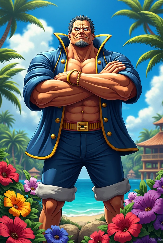 CREATE THE ONE PIECE GARP WITH ARMS CROSSED WITH FLOWERS UNDERNEATH IN THE IMAGE AND MAKE THE IMAGE VERY COLORFUL 