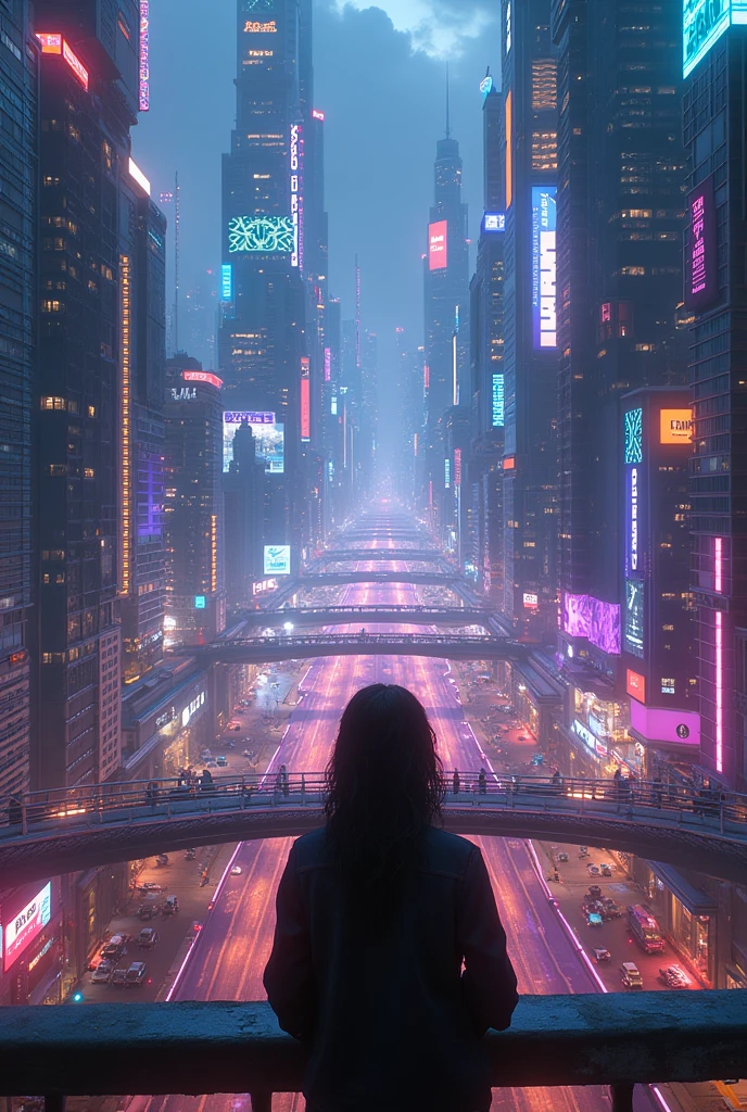 Design a city as cyberpunk. View from a pedestrian bridge connected between buildings
Let Neon stand out in the image. Being night
In the first person