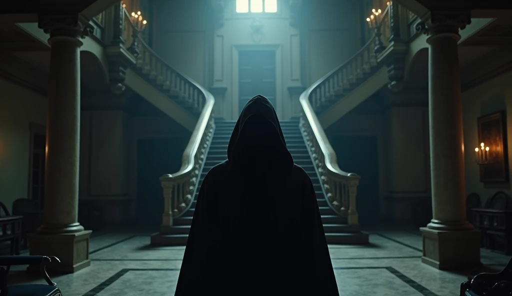 A shadowy figure lurking in the background of the mansion's main hall.