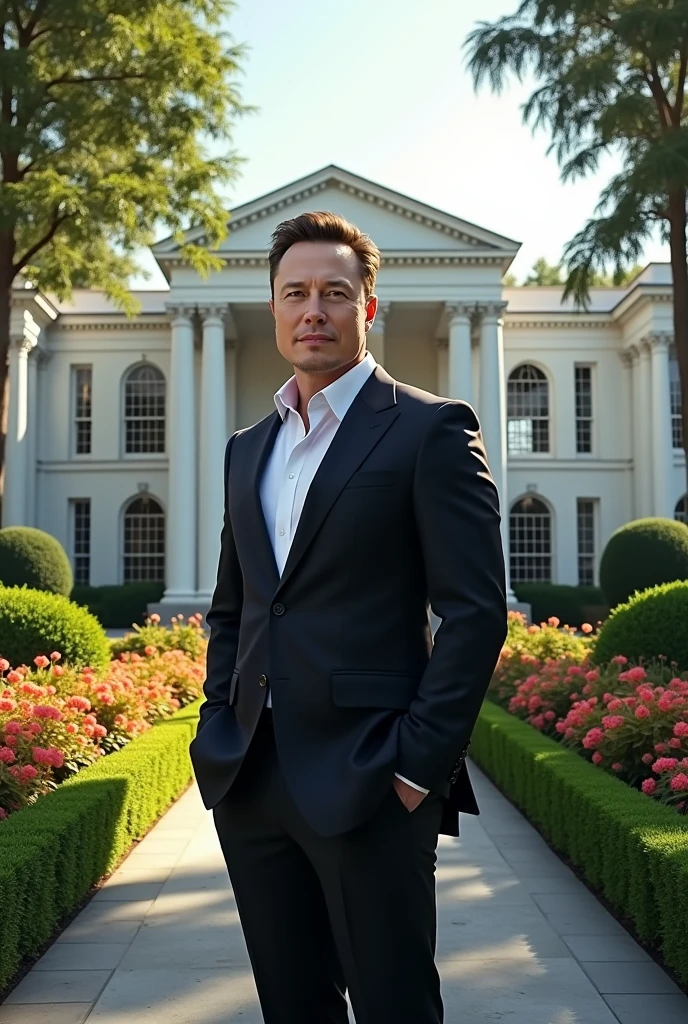 Elon Musk in a white mansion with arches on its pillars, the field with gardens and leafy trees 
