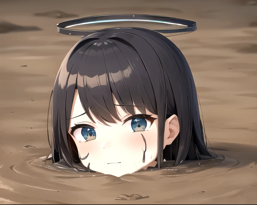 1girl,kokona,halo,:o,portrait,(detailed_face:1.2),scared, partially submerged, mud,cleavage,messy