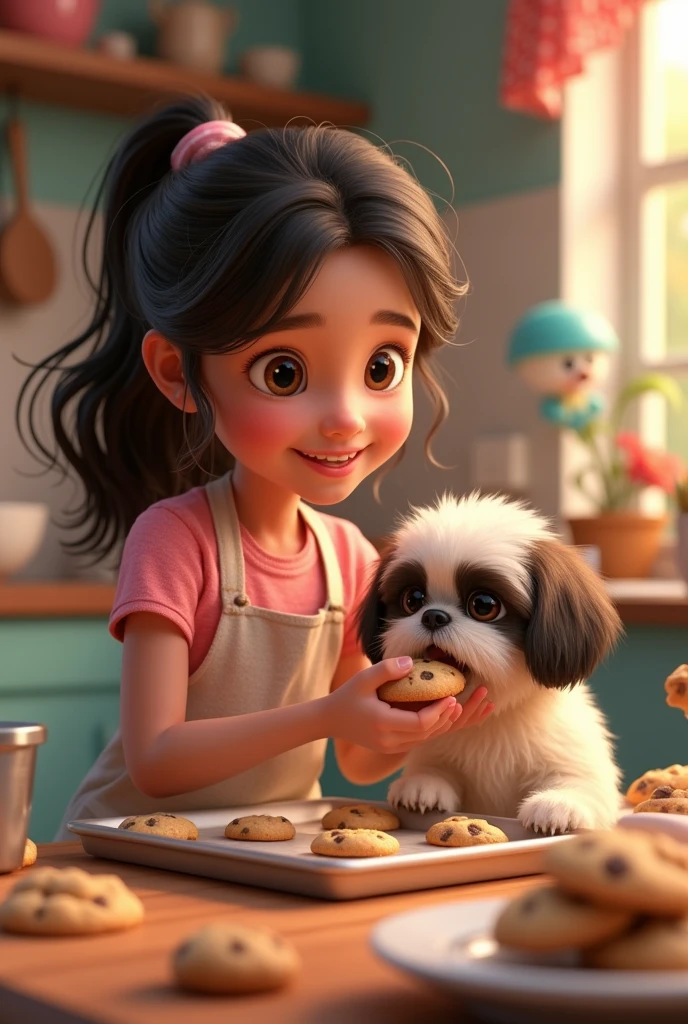 1girl, cute shih tzu puppy, 3d render, 2d animation, eating cookies, colorful, 3d pixar style, dynamic composition, cinematic lighting, baking cookies, photorealistic, high quality, intricate details, soft textures, warm colors, playful expression, adorable, photorealistic, best quality, 8k, hyperrealistic, detailed, sharp focus, professional 3d rendering