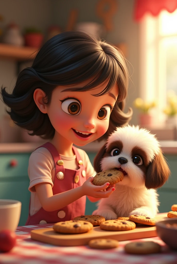 1girl, cute shih tzu puppy, 3d render, 2d animation, eating cookies, colorful, 3d pixar style, dynamic composition, cinematic lighting, baking cookies, photorealistic, high quality, intricate details, soft textures, warm colors, playful expression, adorable, photorealistic, best quality, 8k, hyperrealistic, detailed, sharp focus, professional 3d rendering