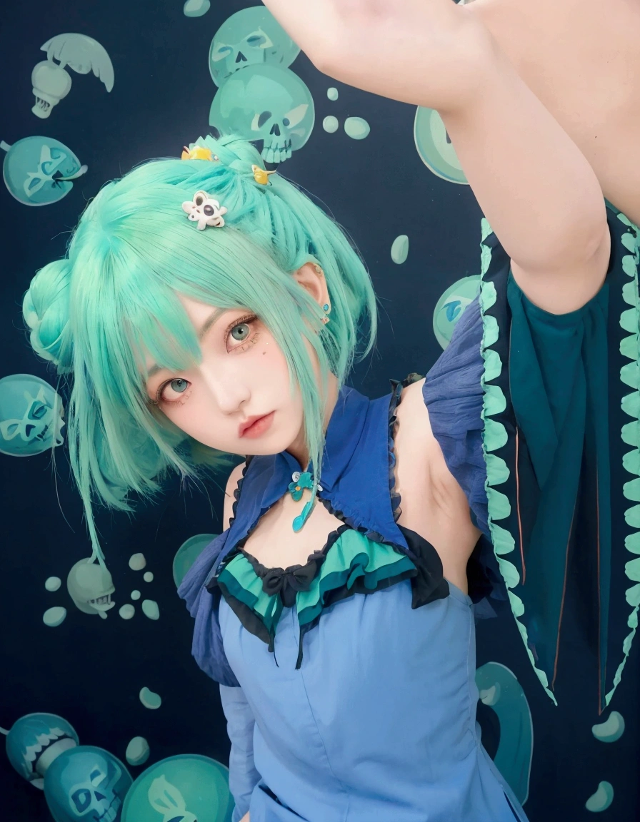 girl with green hair and blue dress holding hand, fine details. light background, orange eyes, girl with teal hair, skull hairpin in bun, made with painter studio, mikudayo, pixiv contest winner, moe artstyle, artstyle, uruha rushia, hololive, vtuber