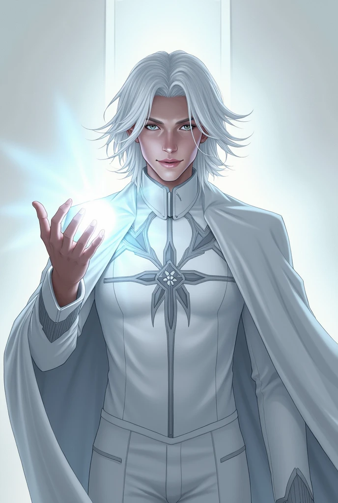 He has white hair, gray eyes, a beautiful face, slightly long hair, a white cloak, wearing a white modern futuristic suit, smiling slightly. Let him be the guy whose hand radiates light. Have a 6-pointed gray star in the middle of the suit.